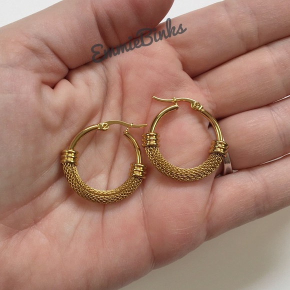 New Anthro Gold Textured Hoop Earrings - Picture 9 of 14